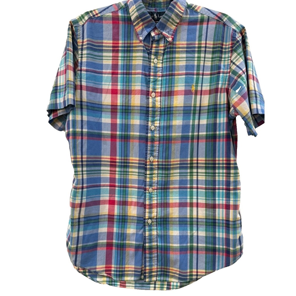 Ralph‎ Lauren Blue Multi Plaid Short Sleeve Button Down Shirt Men's Medium
